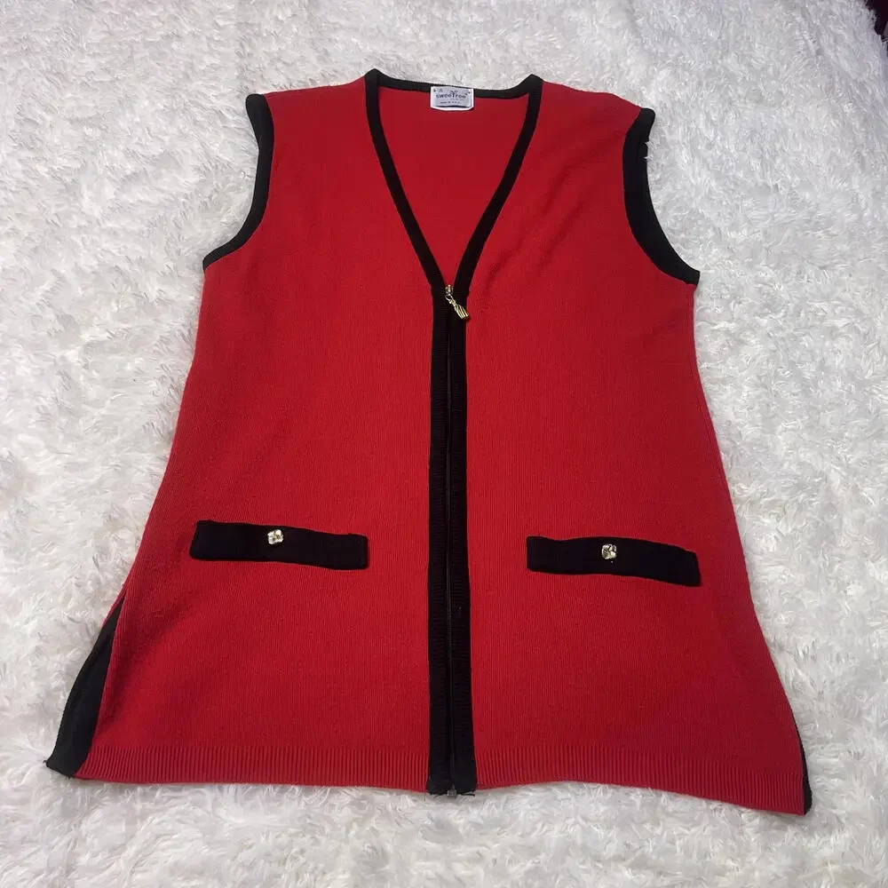 A Sweetree Original Red and Black Sleeveless Cardigan Vest USA